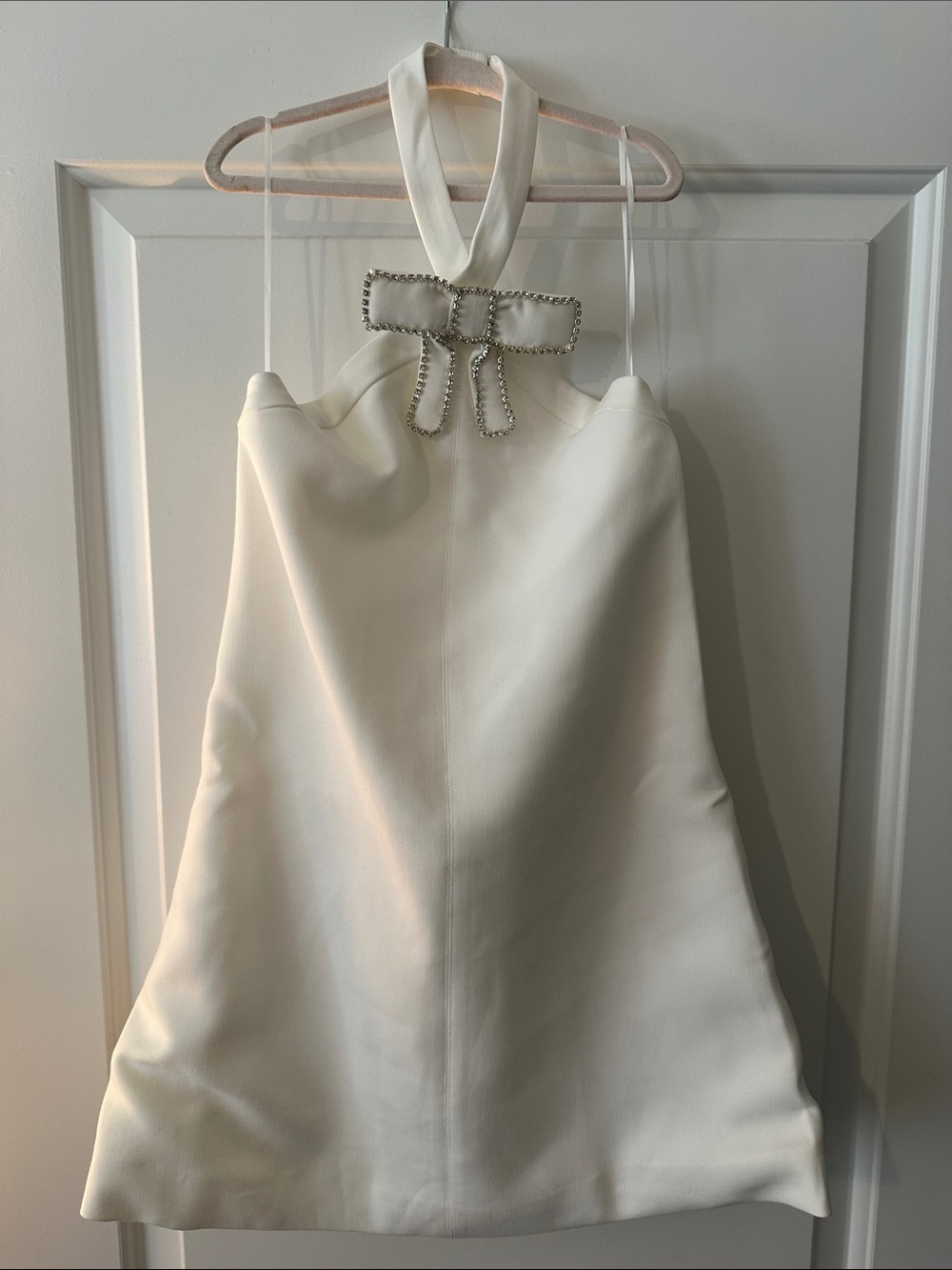 Bardot White Halter Dress with Rhinestone Bow
